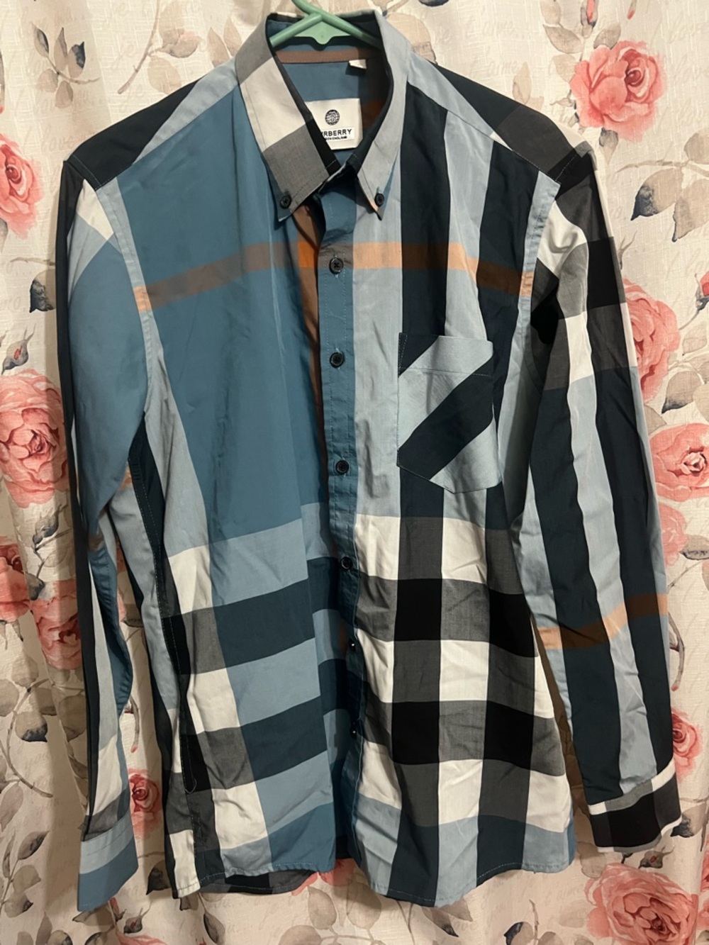Burberry Men's Blue, Black & White Plaid Button-Down Shirt Sz S Brit Long Sleeve
